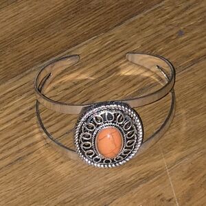 Silver-Tone Double-Band Bracelet with Orange Stone Medallion